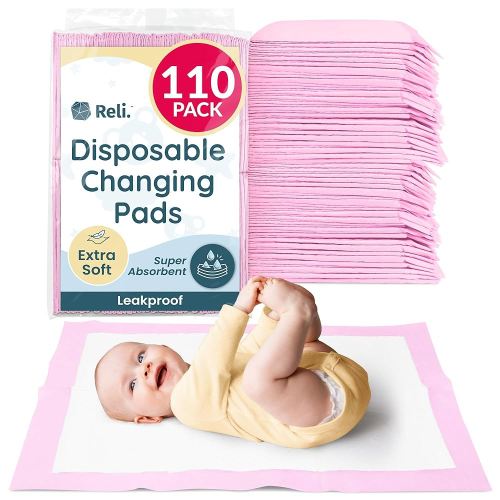 Reli. Disposable Changing Pads for Baby (110 Pack) | Disposable Diaper Changing Pads, 13" x 18" | Super Absorbent, Leak-Proof Liners | Waterproof, Quick Dry Underpads (Pink/White)