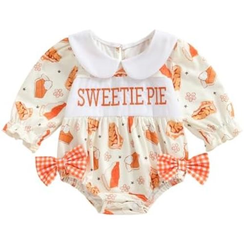 Kuriozud Newborn Baby Girl Thanksgiving Outfit Bow Romper Long Sleeve Jumpsuit Cute Infant Girl Fall Clothes