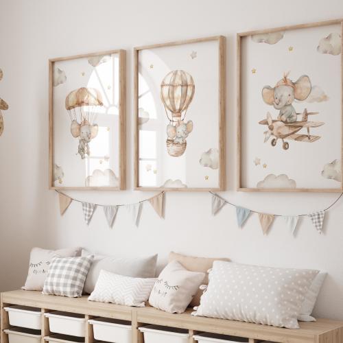 Set of 3 Baby Elephant Nursery Prints, Neutral Safari Nursery Decor, Hot Air Balloon Elephant Wall Art, Gender Neutral Baby Room