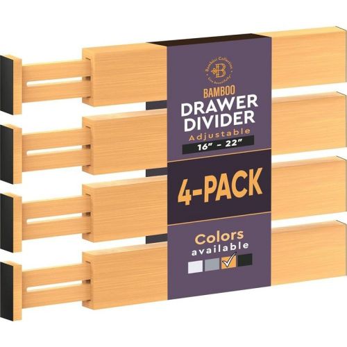 4-Pack Adjustable Bamboo Drawer Dividers – 16"–22" Expandable Drawer Organizers for Kitchen, Bedroom, Bathroom, or Office – 2.6" Tall by Bambüsi