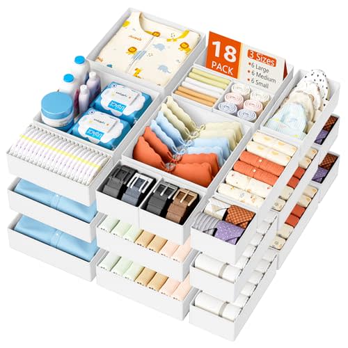 DIMJ Drawer Organizer Clothes - 18 Pack Baby Dresser Organizer for Nursery, Foldable Drawer Organizer Bins for Closet Bedroom Organization, Fabric Clothes Storage Dividers for Underwears, Socks, Bras
