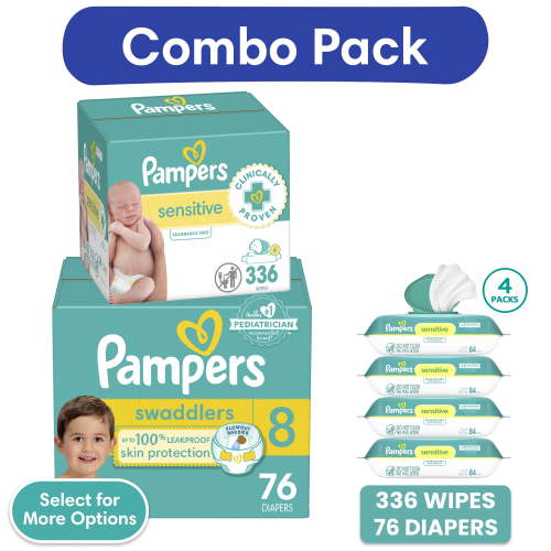 Pampers Swaddlers Diapers, Size 8, 76 Count and Pampers Sensitive Baby Wipes Unscented, 4 Pack, 336 Total Count