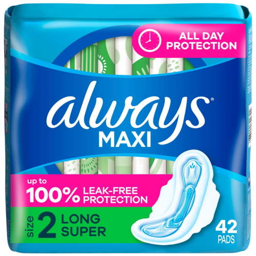 Always Maxi Pads with Wings, Size 2, Long Super Absorbency, 42 count