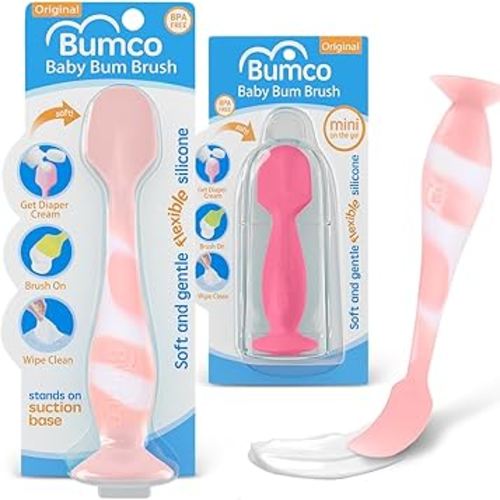 Bumco Baby Bum Brush + Mini Baby Diaper Cream Spatula with Case - BPA-Free Silicone Diaper Spatula with Suction Cup, Wipe-Clean, Mom-Invented Butt Paste Applicator (Pink Swirl & Pink)
