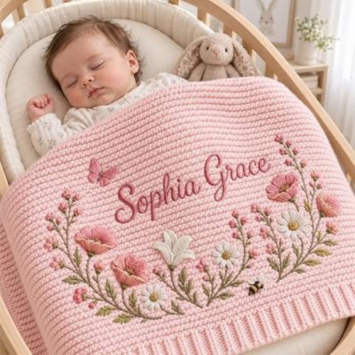 Noni Personalized Wildflower Baby Blanket with Custom Name, Embroidered Floral Butterfly Nursery Keepsake, Newborn Shower Gift for Girls