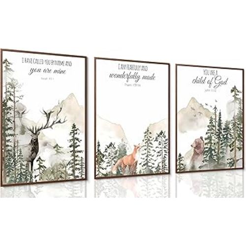 3pcs Forest Animals Bible Verse Wall Art Misty Forest Deer Bear Fox Paintings Canvas Prints Poster Inspirational Quotes Pictures Wall Decor for Home Bedroom Nursery Baby Room Playroom Decor Unframed