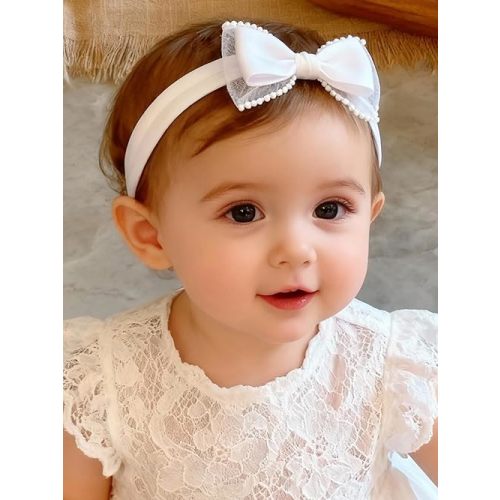 Baby Girls Headband White Bow Lace Headbands Soft Elastic Bowknot Hairbands Cute Hair Accessory for Newborn Kids Infant Toddler Baptism Birthday Party (White Bow)