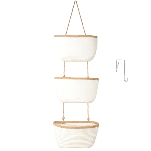 TeoKJ 3-Tier Wall hanging Storage Bags, Over the Door Organizer, Decorative Cotton Rope Hanging Baskets, White & Dark Brown