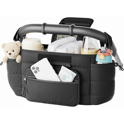 Seeseven Stroller Caddy with Cup Holder & Detachable Phone Bag, Black