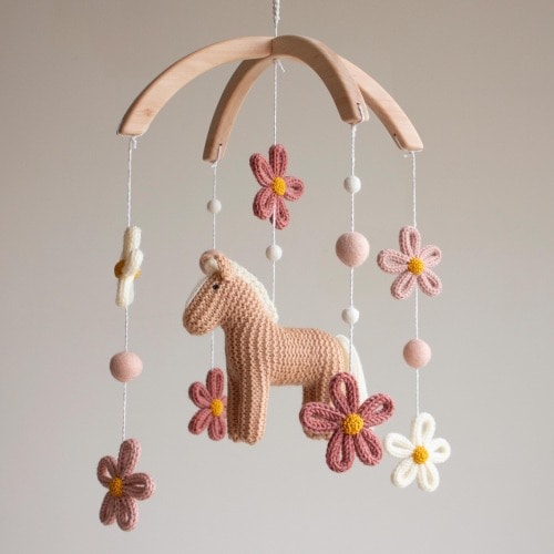 Floral Horse Baby Mobile with blush wool accents: Knitted Pony & Wildflowers Nursery Decor