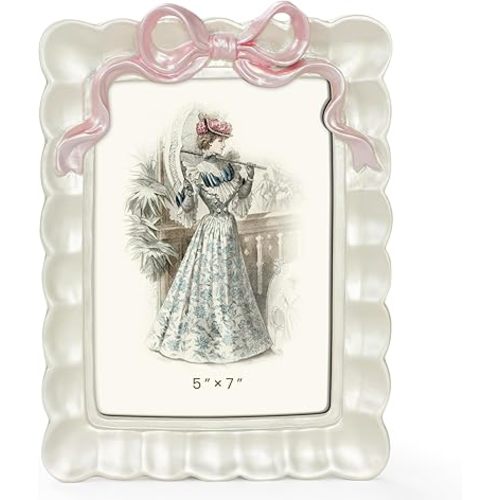 GUOER Vintage 5x7 Picture Frame with Bow Antique Ornate Table Top and Wall Mounting Photo Frame with High Definition Glass Front for Home Decor, Photo Gallery, Art(5x7, Pearl White)