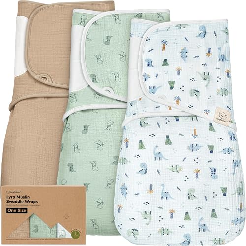 KeaBabies Muslin Baby Swaddles for Newborns – 3-Pack,100% Organic Cotton Swaddles Sleep Sack 0-3 Months, Infant, Baby Girls, Boys, Soft Breathable Summer Swaddler, Easy Quiet Closure (Dino Park, OS)