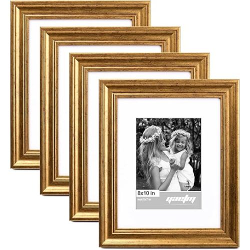 Yaetm 8x10 Picture Frame Matted to 5x7 Set of 4, 1.4” Wide Molding & Rustic Gold Photo Frames 8 x 10 with Tempered Glass, Display on Tabletop & Wall Mounting (4 pack, Gold)