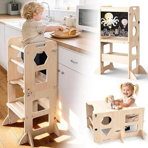 Woodure 3-in-1 Toddler Kitchen Step Stool, Foldable Learning Standing Tower with Blackboard, Wooden Kitchen Stool Helper for Kids