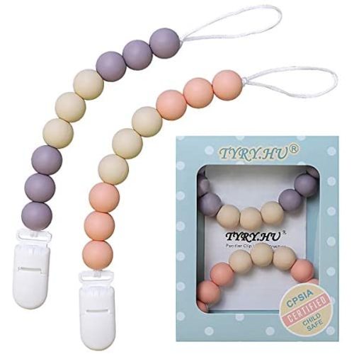 Pacifier Clip for Baby Girls, TYRY.HU Binky Holder Soothie Paci Clip Silicone Bead Teething Relief Teether Toys 2 Pack (Gray Purple + Orange)