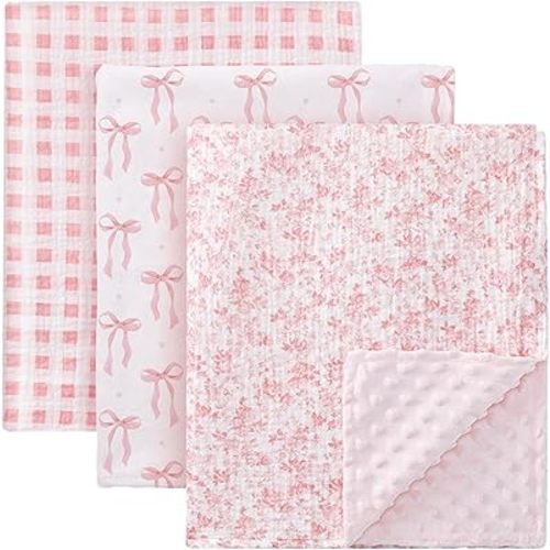 3 Pack Baby Blankets for Unisex Girls, Muslin Cotton Front Soft and Breathable, Dotted Fleece Backing, Pink Bow Gingham Floral Printed Nursery Minky Blankets for Newborn Toddler, 30" x 40"