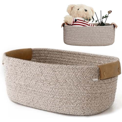 Large Woven Basket, Decorative Gift Basket with Handle, Square Cotton Storage Bins, Rope Organizer for Shelves, Nursery, Puppy Dog Toy(Coffee, 12.6''×9.5''×5.1'')