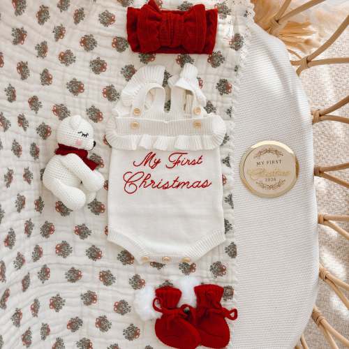 Embroidered ‘My First Christmas’ Singlet Frill Knit Romper – Blossom and Pear