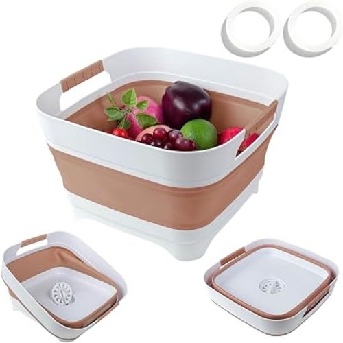 GIMWA 2.6 Gal(10L) Collapsible Wash Basin for Baby Bottles, Space-Saving Collapsible Dish Basin with Drain Plug for Bottle Washing, Collapsible Bucket for RV Kitchen Essentials (Brown)