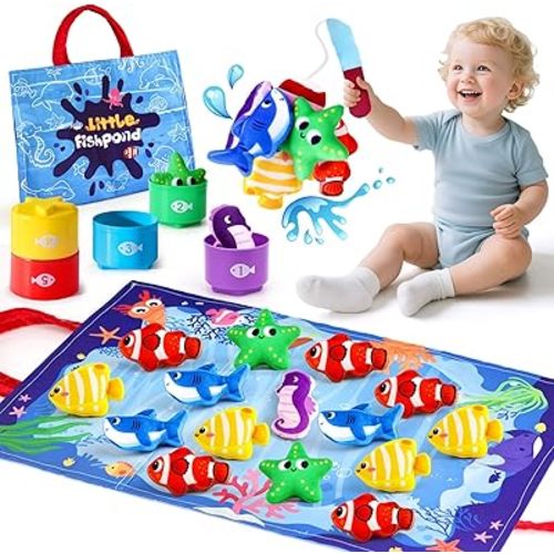 LovesTown Montessori Toys for Toddlers, Preschool Learning Toys Cloth Fishing Games with Stacking Cups Color Sorting Games for Kids Gifts for Boys Girls
