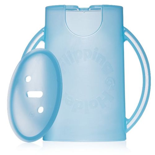 Flipping Holder Food Pouch Holder No Squeeze, flips over to hold drink boxes and juice pouches, easy grip handles and lid (Blue)