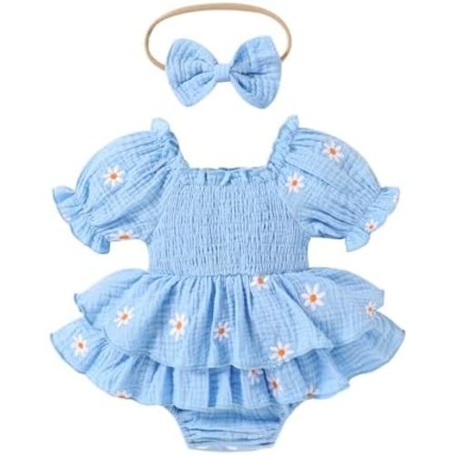 Happy Town Baby Girl Clothes Infant Summer Romper Dress Ruffle Short Sleeve Jumpsuit with Headband Cute Toddler Outfits
