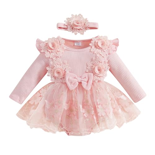 ZAXARRA Infant Baby Girl Romper Dress Baby Dress Romper Flowers Lace Fall Winter Clothes with Headband