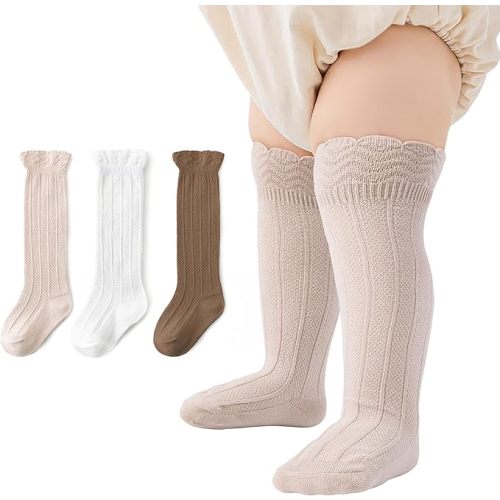 Zando Baby Girls Knee High Socks 3-Pack, Soft Cotton Long Tube Ruffle Socks for Preemie Infant Newborn Toddler 0-3T