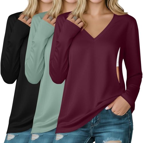 Huukeay 3 Pack Women's Long Sleeve Nursing Tops, Breastfeeding Hidden Zippers Shirts V Neck Maternity Pregnancy Tees Clothes