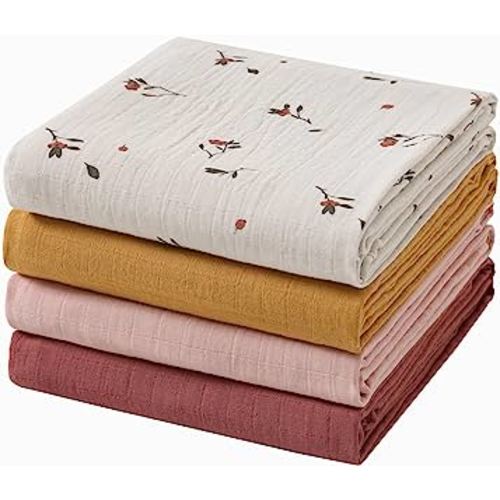 Muslin Swaddle Blankets for Boys & Girls, Soft Breathable Swaddling Blankets, Large 47" X 47" inches Baby Muslin Swaddles, 4 Pack Red Berries/Earthy Colors