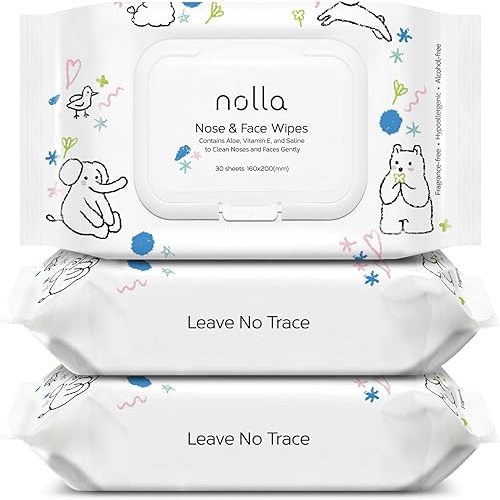 Nolla Baby Nose and Face Wipes with Saline, Vitamin E, & Aloe | Unscented | Compostable, 90 Count (3 Packs of 30)