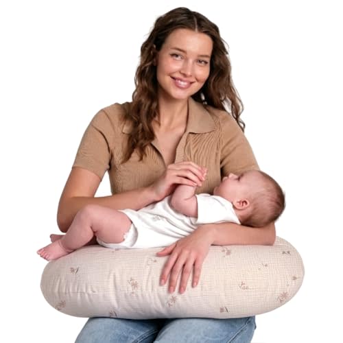 Little Grape Land Muslin Nursing Pillow, Soft 100% Cotton Breastfeeding Pillow with Breathable Cotton Removable Cover, Fog Flower Breast Feeding Pillows for Babies 0-12 Months with Protective Zipper
