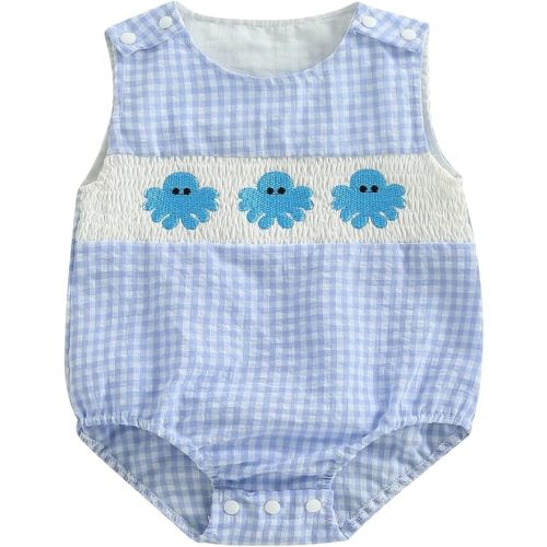 Newborn Boy Turtle Romper Sleeveless Seersucker Stripe Overalls Gingham Plaid Octopus Bodysuit Baby Summer Clothes