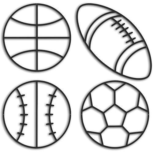 Funrous 4 Packs Sports Room Decor for Boys Metal Modern Soccer Wall Art Decor Black Basketball Baseball Football Hanging Room Decorations for Kids Boy Sports Playroom Bedroom Nursery