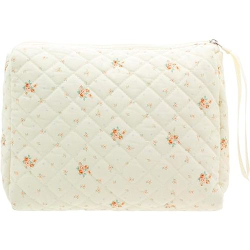 PAZIMIIK Quilted Makeup Bag Large Travel Zipper Soft Cosmetic Pouch for Women Girls Make Up,Floral White