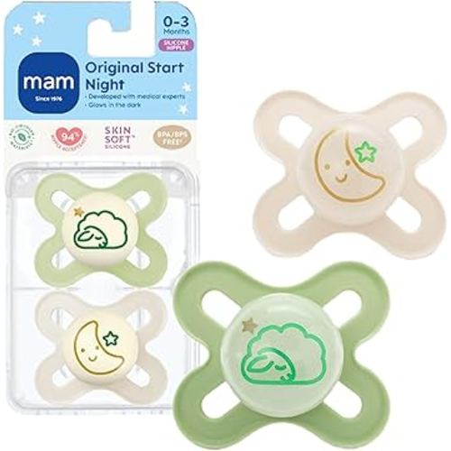 MAM Original Start Night Baby Pacifiers, Binky for 0-3 Months, BPA-Free Silicone Nipple, Easy to Clean, Best for Newborn Babies, Developed with Medical Experts, 2 Count Binkies with Sterilizer Case
