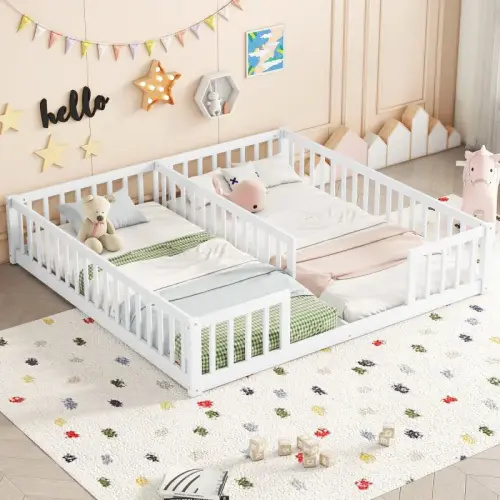Double Twin size Floor Beds Frame for 2, Wood Twin Montessori Bed with Fence for Girls, Boys, Easy Assemble, White, Toddler Bed, Safe Sleep Bed - TikTok Shop