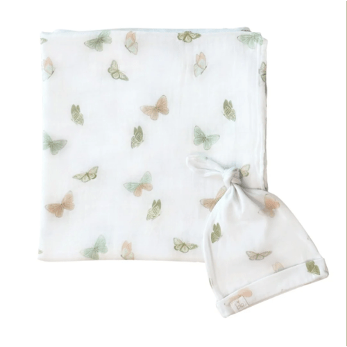 Bamboo Muslin Swaddle Blanket & Topknot Set - Butterflies – Dear Perli