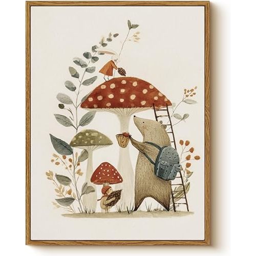 Vintage Storybook Kids Wall Art Framed Canvas Painting 12x16, Cute Woodland Animals and Mushrooms Illustration Bunny Bear Artwork, Nursery Children Room Playroom Farmhouse Fairy Tale Home Decor