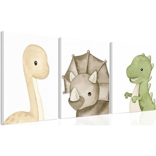 Dinosaur Wall Art for Boys Room - Canvas Nursery Decor Prints Set of 3, 12x16 Inch Framed Kids Bedroom Bathroom Poster