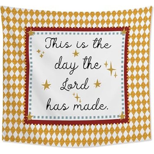 JMENGSSFL Christian Nursery Tapestry, Bible Verse Tapestry Wall Hanging, This Is the Day That the Lord Has Made Religious Orange Argyle Wall Decor Hanging Tapestries for Kids Nursery Room, 50x60 Inch