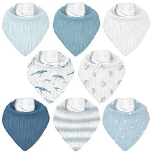 Muslin Baby Bibs 8 Pack, Baby Bandana Drool Bib for Drooling and Teething, Cotton Soft Absorbent for Girls Boys (Blue Ocean Whale)