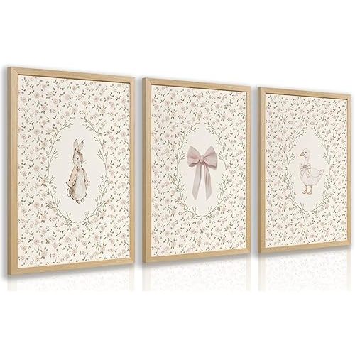 Grajoy Wood Framed Retro Floral Wall Art Set of 3, Cottagecore Kids Room Canvas Painting, Cute Rabbit Bow and Goose Animal Wall Decor, Classic Minimalist Funny Poster Print for Girl Room 12x16 Inch