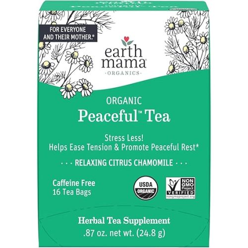 Earth Mama Organic Peaceful™ Tea | Stress Less! Calming, Relaxing Herbal Blend Safe for Pregnancy & Beyond, 16 Teabags Per Box