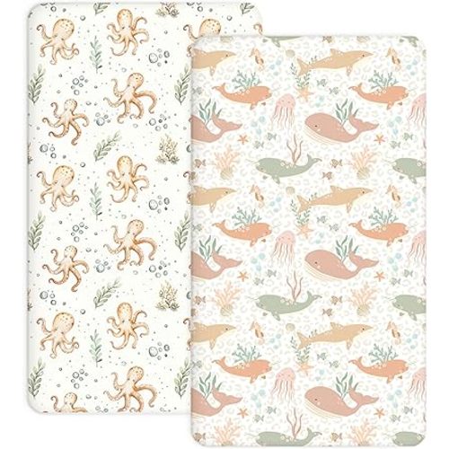Crib Sheets for Boys and Girls, 2 Pack Fitted Baby Sheets for Standard Toddler Mattress 28" x 52", Soft Breathable Jersey Knit Baby Bedding (Aqua Wonders)