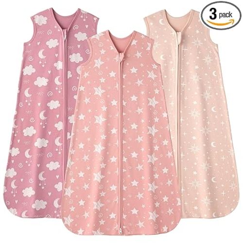 FIEMOL Baby Sleep Sack 6-12 months, 100% Cotton Sleeping Sack for Newborn and Infant, 3 Pack Baby Wearable Blanket, 0.5 Tog Lightweight Double Zipper Sleep Bag Medium Pink Stars Moon