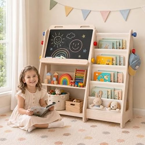 GITAWUSA Kids Bookshelf and Toy Storage Organizer, Montessori Toddler Bookcase with Dual Drawing Board, 4 Hooks & 5-Tier Canvas Bag, Kids Storage Shelf for Playroom, Nursery, Bedroom, Classroom