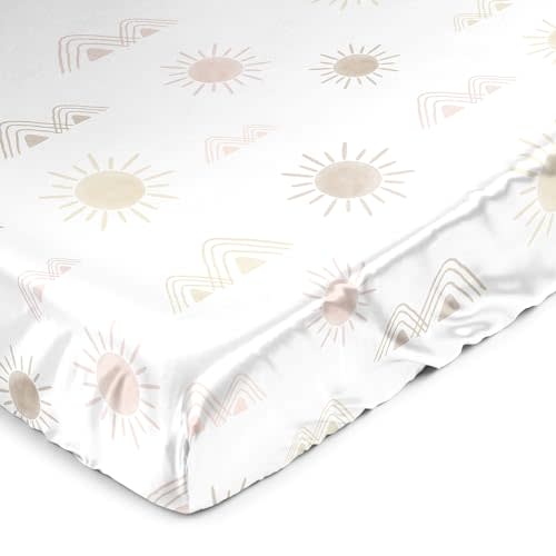 Sweet Jojo Designs Blush Pink Mauve Boho Desert Sun Girl Baby Satin Fitted Crib Sheet Infant Newborn Nursery Toddler Bed Room Standard Gold Taupe Bohemian Watercolor Mountains Southwest Geometric