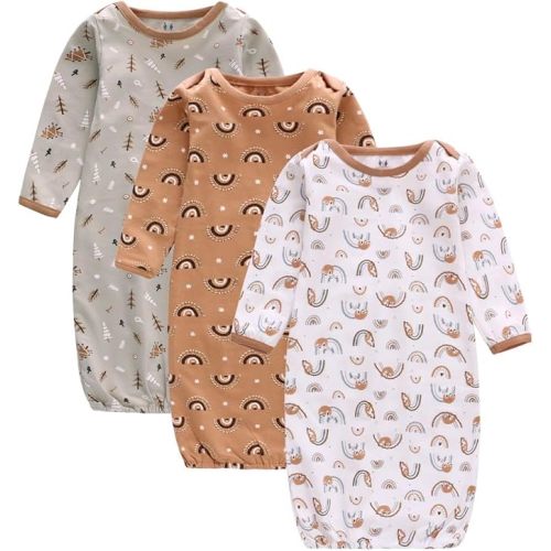 Baby Newborn Gown, 3 Packs Baby Sleeping Bag, Long Sleeve Sleep Sack, Cotton Cloths for Newborn Boys Girls 0-12 Months