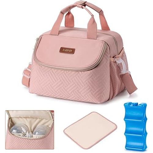 Wearable Breast Pump Bag with Ice Pack, Fits 6 Up to 9 Oz Baby Bottle, Baby Bottle Cooler Bag Come with Waterproof Mat, Adjustable Shoulder Strap for Nursing Moms, Pink